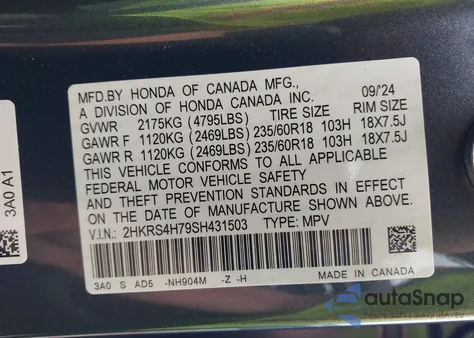 2025 Honda Cr-V Ex-L Awd z USA, uszkodzony, nr VIN 2HKRS4H79SH431503